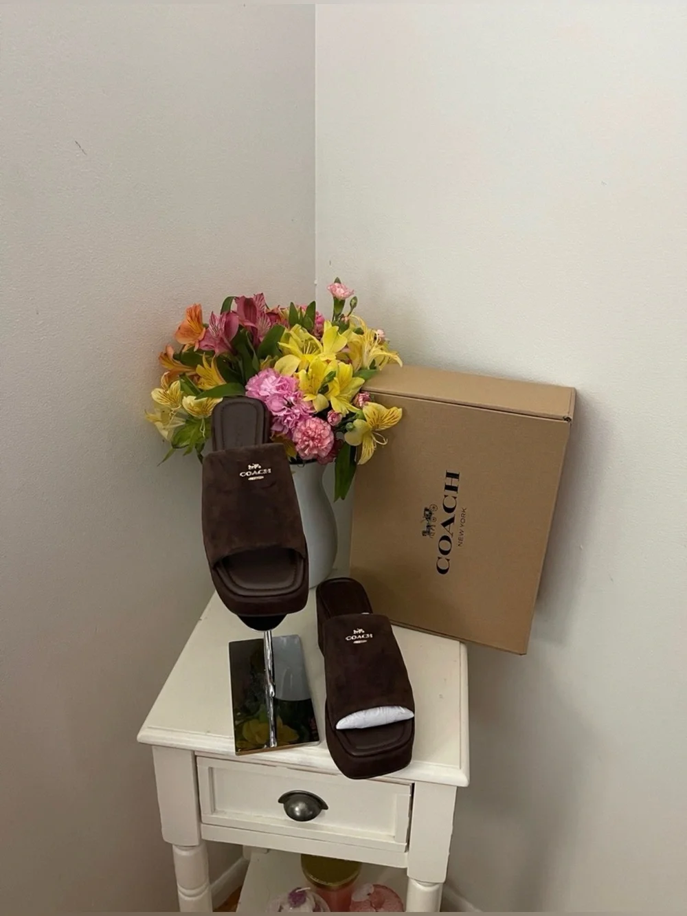Coach Dark Brown Suede Platform Slide Wedges